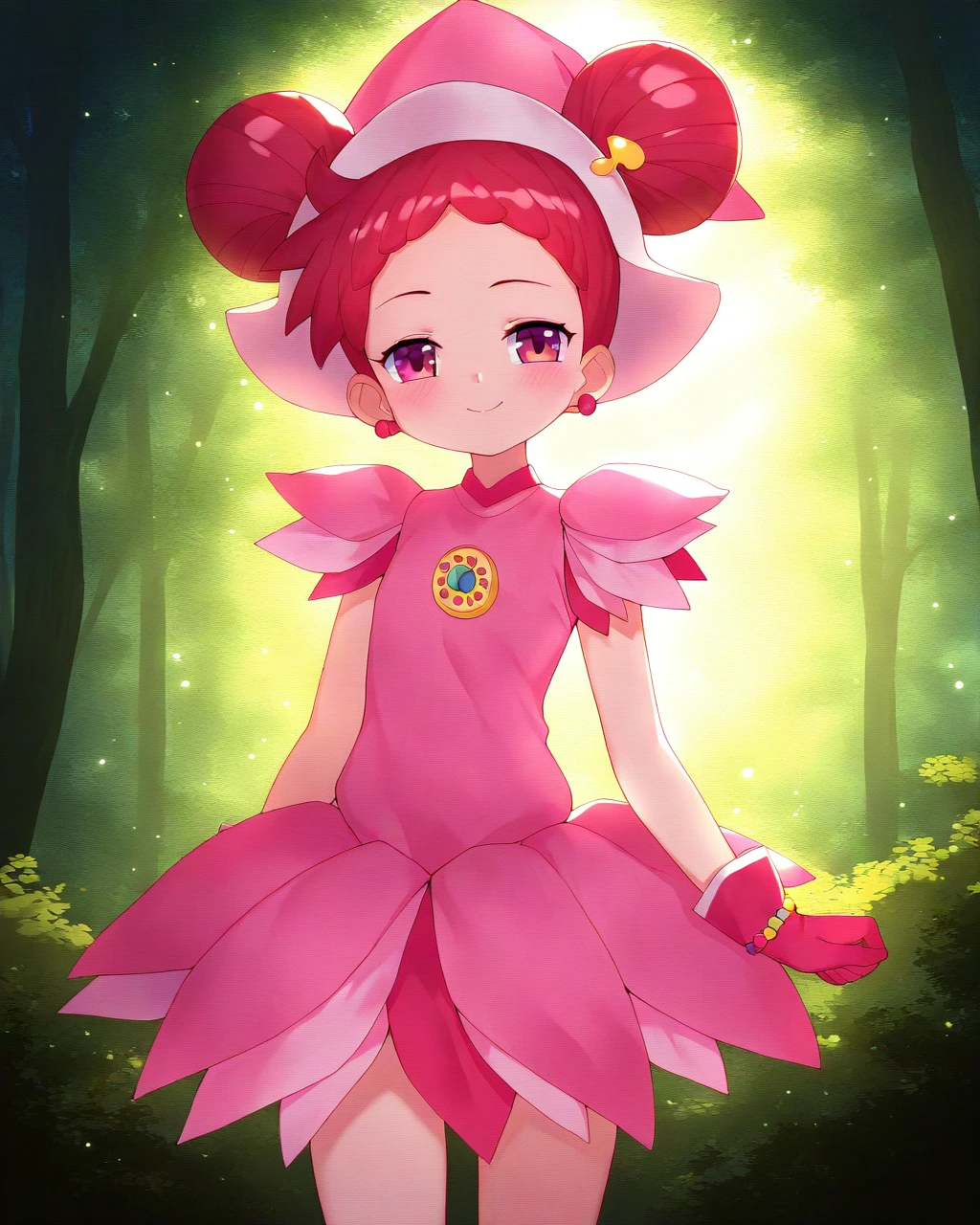 masterpiece, best quality, tsubasachyan, 1girl, solo, harukazedoremi, ojamajodress, pink dress, standing, cowboy shot, smile, forest
