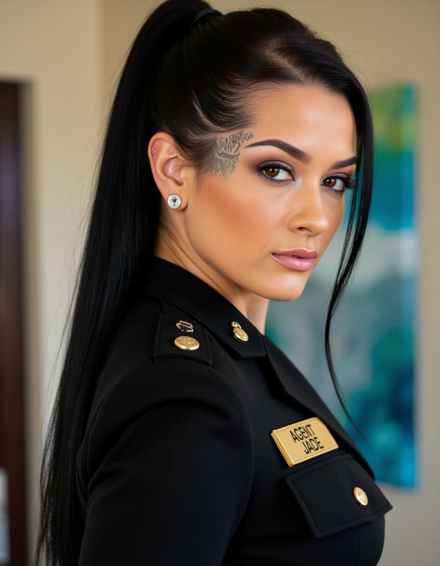 High quality photo of a female soldier with a pony tail in a black uniform with a name plate "Agent Jade" in golden letters