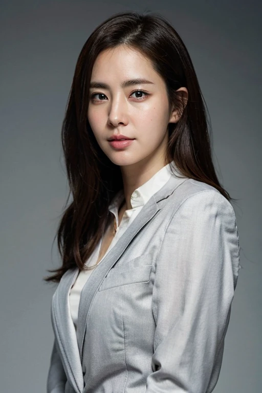 masterpiece, best quality, ultra-detailed, ultra high res, (photorealistic:1.4), raw photo, (realistic:0.2), 8k HDR, bright realistic lighting, 1girl, solo, looking at viewer, asymmetrical hair, (detailed pores), (detailed skin textures), (detailed face), (simple gray background :1.2), (full body:1.3), black suits, white collared shirts, black pants,