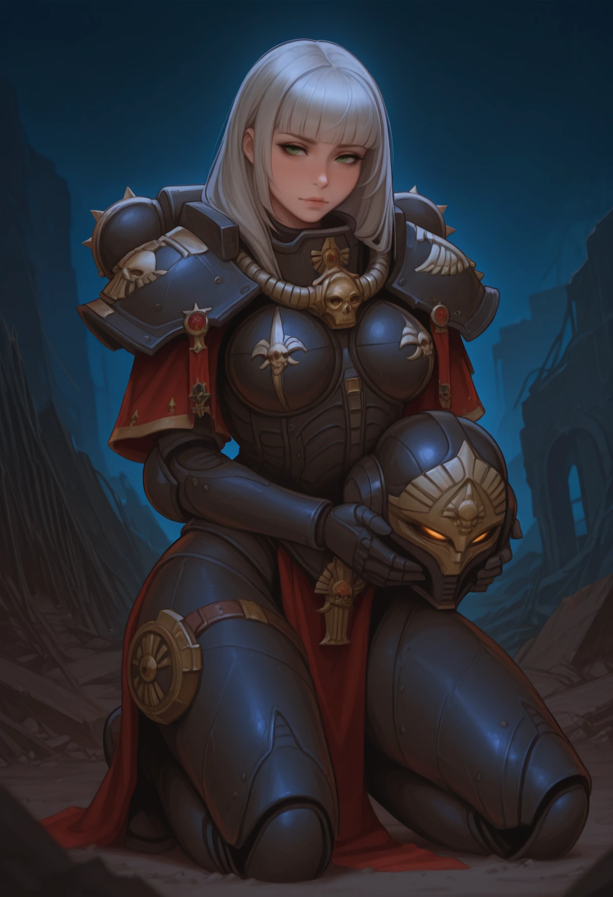 <lora:sororita-il:1> sororita-il
outdoors, ruins
1girl, adepta sororitas, power armor, kneeling, holding helmet, solo, front view, blunt bangs, long hair, masterpiece, best quality, <lora:h-oni:0.15> h-oni <lora:kittew-il:0.75> kittew-il <lora:incase_new_style_red_ill:0.35>, dark, night, night time, dim lighting