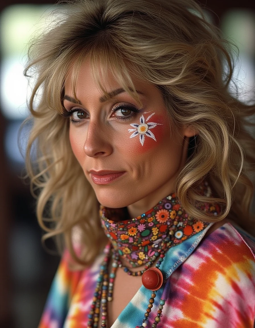 <lora:judith-light-flux:1> hippie lady wearing a head band and tie-dye with body paint and hippie clothes