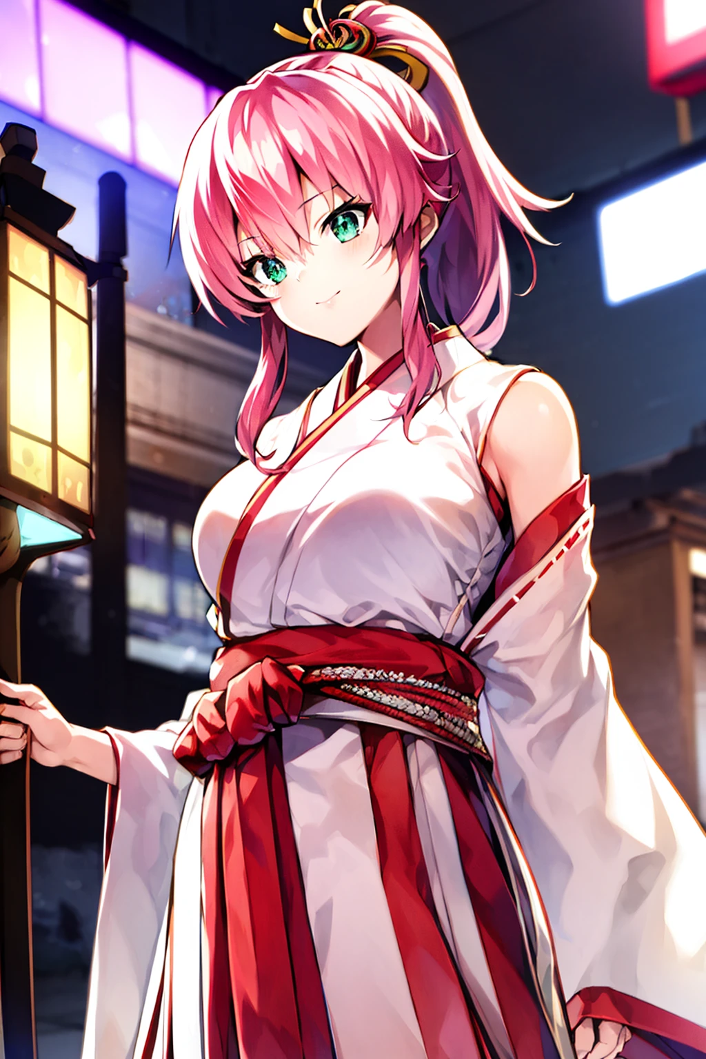 masterpiece, best quality, highres,  <lora:megumi_V1:1> 1Japanese girl, mgmaikw, pink hair, ponytail, miko,  big sword