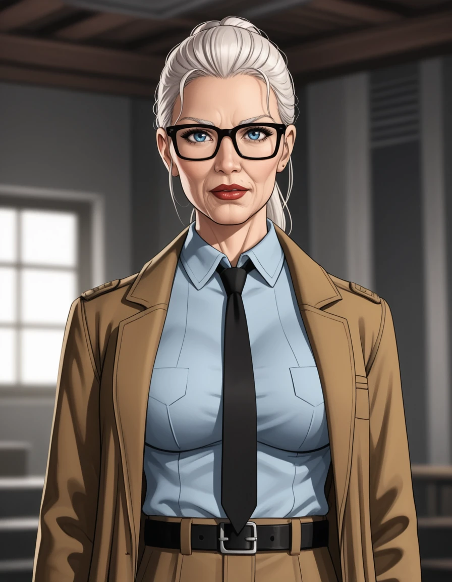 comic PonyXLV6_Scores, NEGATIVE_HANDS, fixl-art ,detailed,   <lora:Commissioner_Gordon:0.8>solo, white hair, ponytail, black-framed eyewear, indoors, gun, belt, old woman, black necktie, blue eyes, khaki coat, collared shirt, portrait, G0rd0n, 1girl, large breasts, source_cartoon, western cartoon,toon \(style\),  . graphic illustration, comic art, graphic novel art, vibrant, highly detailed