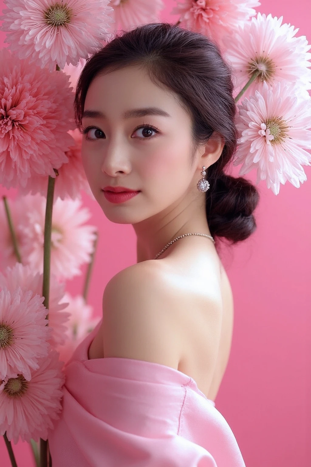 The image showcases a young asian woman wearing necklace and earrings with pale skin and makeup. She is positioned against a strikingly vibrant pink background, which is filled with large dandelion flowers. The flowers dominate the composition, adding a dramatic and intense contrast to her skin tone and overall appearance.
The woman is dressed in a sleeveless gown, which drapes softly over her shoulders, leaving her upper back and one shoulder exposed. Her expression is calm and slightly mysterious, with her gaze directed slightly to the side, away from the camera. The large flowers, some of which overlap with her figure, create a dreamy and surreal atmosphere, as if she is blending into or emerging from the floral background., <lora:flux_realism_lora:1>, <lora:makinaflux_kimtaehee_v1.0:1>