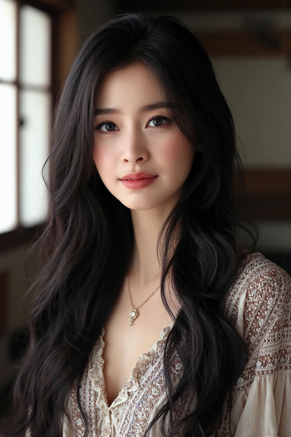 bright photo of beautiful korean girl with long  black wavy hair wearing bohemian dress, inside a rustic house, necklace, dslr, studio lighting, high quality,  light reflections, blood vessels, pale skin, detailed skin, <lora:flux_realism_lora:1>,<lora:makinaflux_kimtaehee_v1.0:1>