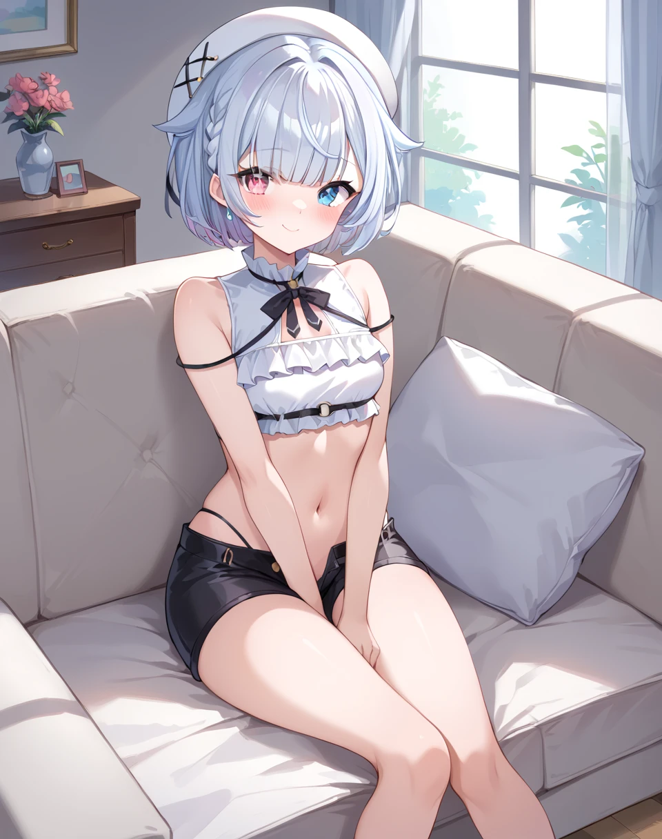 amemiya_nazuna, amemiya_nazuna_base, heterochromia, pink eye, blue eye, small breasts, short hair, white hair, braid, virtual youtuber,white headwear, vtuber clothes, white frilled top, sleeveless, black neck ribbon, black short shorts,  BREAK indoors, living room, couch   BREAK smile, blush, looking at viewer, sitting, sit on couch  BREAK score_9, score_8_up, score_7_up, source_anime ,zPDXL,<lora:Amemiya_Nazuna:0.8>