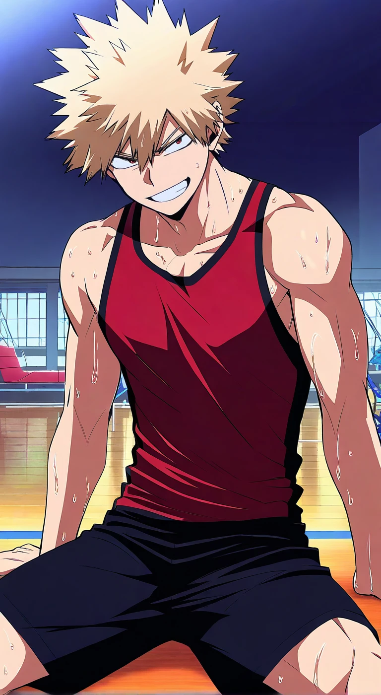 score_9, score_8_up, score_7_up, source_anime, highres, (masterpiece, best quality, (anime, anime coloring:1.3),1boy,solo,male focus,bakugou,blonde hair,spiked hair,short hair,red eyes,smile,red tank top,black shorts sweaty,gym,training