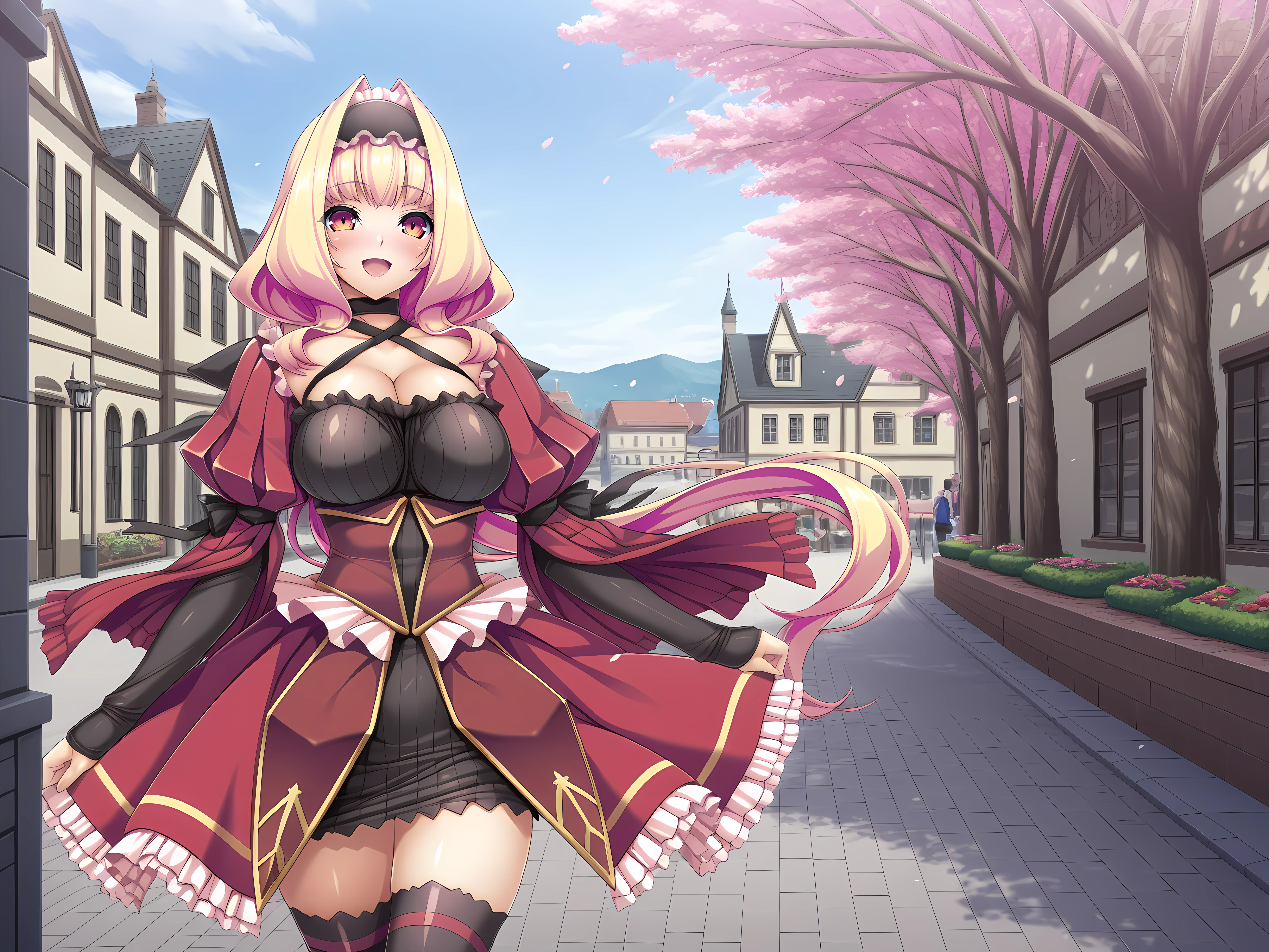 <lora:Azarin_Illustrious:0.8>,azarin,lusterise,large breasts,blush,royal clothes,thighhighs,outdoors,town,dating,spring \(season\),happy,, masterpiece,best quality,amazing quality,