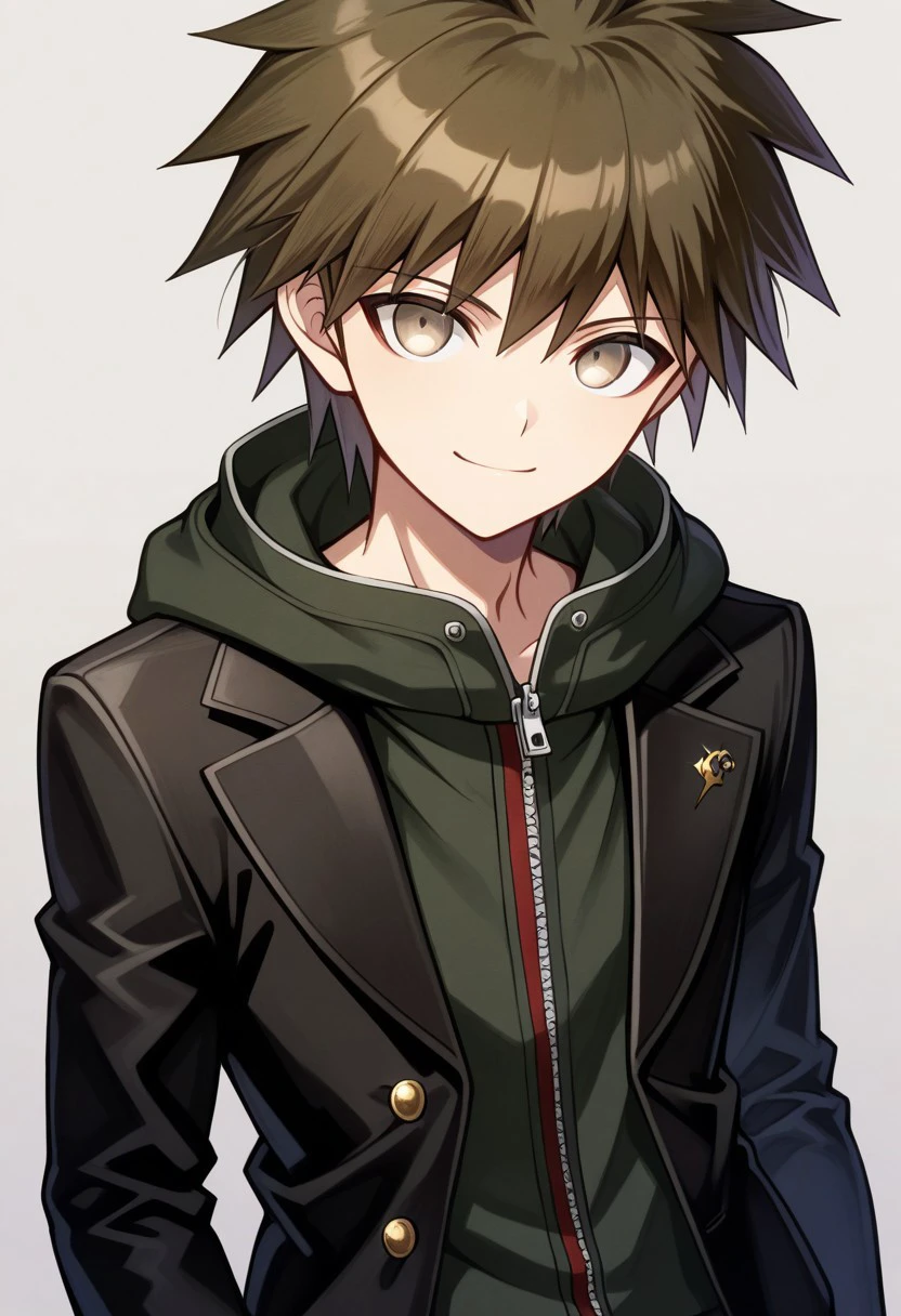 masterpiece, best quality,
naegimakoto, 1boy, male focus, solo, brown eyes, brown hair, short hair, bangs, hahoge, hoodie, hood, green hoodie, zipper, zipper pull tab, jacket, black jacket, long sleeves, open jacket, open clothes, buttons, smile, cute
indoor, smile