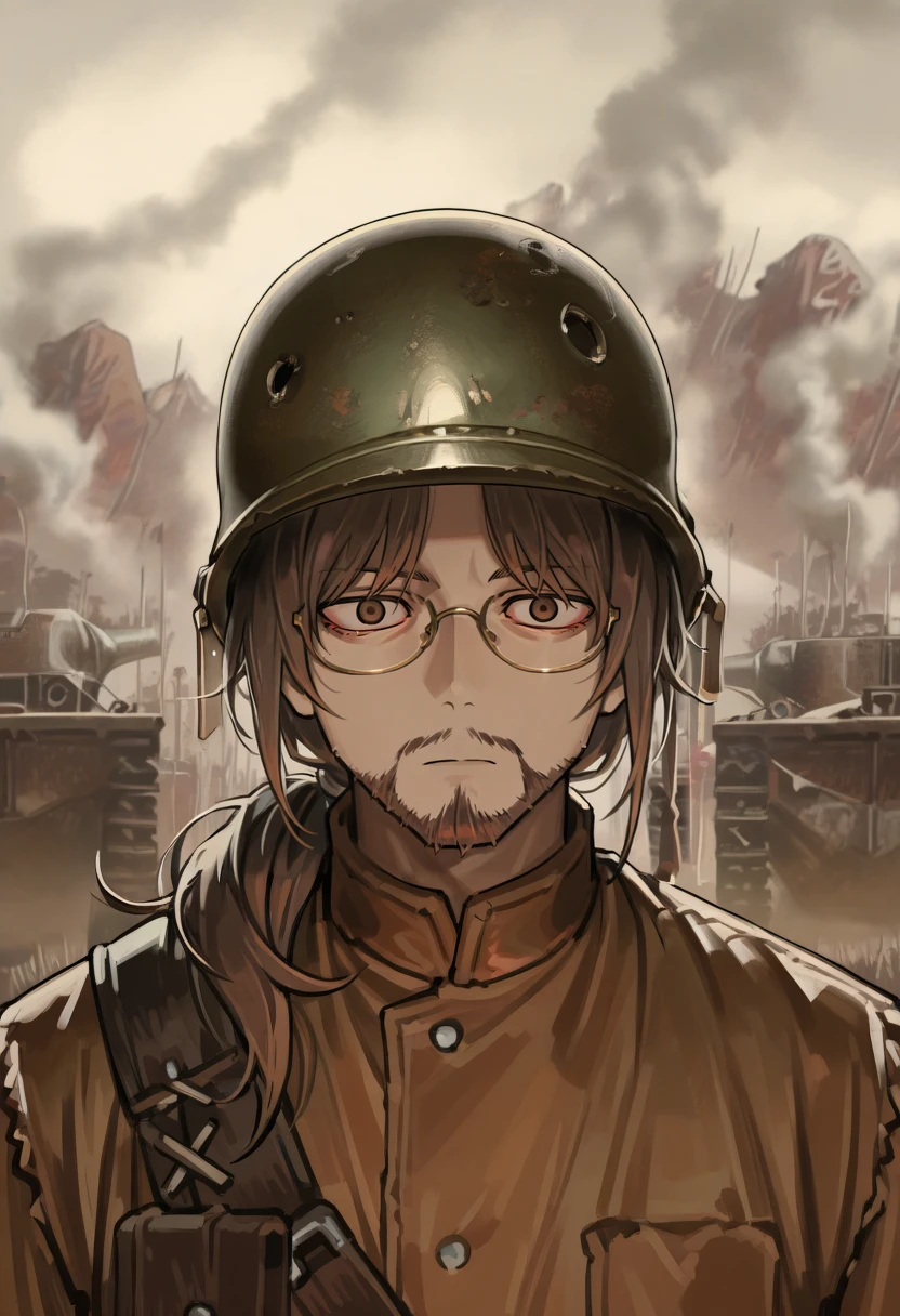 masterpiece, best quality, absurdres, very aesthetic, solo, thousand_yard_stare, 1boy, facial hair, long hair, low ponytail,  brown hair, glasses, helmet  <lora:gregorlimbus-illu-byananas-v1:1>  <lora:thousand_yard_stare:1>