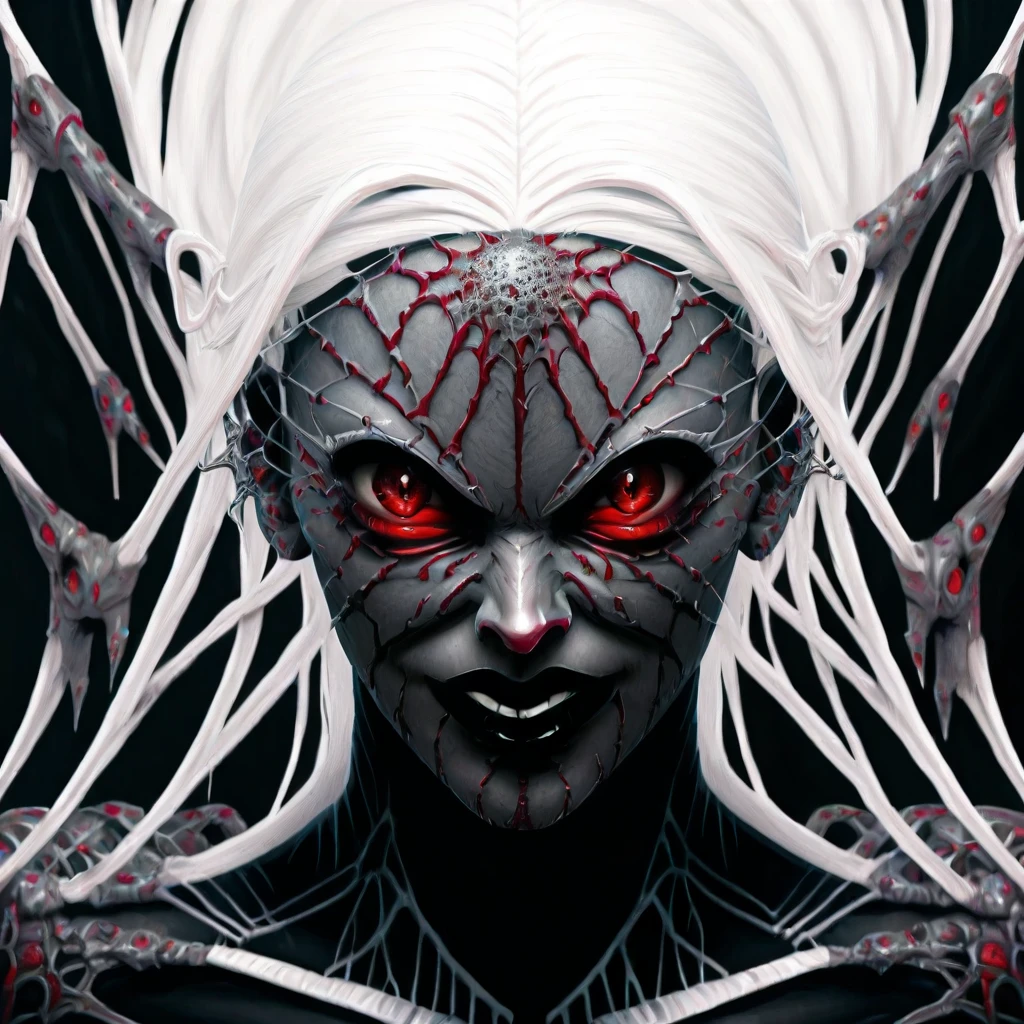 lo0thqu33n0fsp1d3rs, lolthqueenofspiders, lolth queen of spiders, red eyes, solo, white hair, looking at viewer, smile, 1girl, spider web, grey skin, black lips, silk, grin, portrait, makeup, colored skin, teeth, simple background