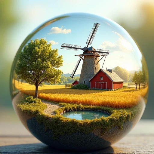 Create a high-quality, hyper-realistic, and extremely detailed image of a farm and windmill contained within a glass orb. The orb is slightly zoomed out to showcase the entire sphere. The farm is richly detailed, with a sprawling field of golden wheat, a cozy red barn, and a charming windmill with intricate wooden blades. The landscape includes a rustic fence, a dirt path, and a small pond reflecting the sky. The glass orb is perfectly clear, with subtle reflections and refractions that enhance the realism of the scene. The lighting is soft and natural, with dappled sunlight filtering through the trees, casting intricate shadows and highlights. The background is a soft, gradient sky, transitioning from a bright blue at the top to a warm, golden hue near the horizon, creating a serene and inviting atmosphere.