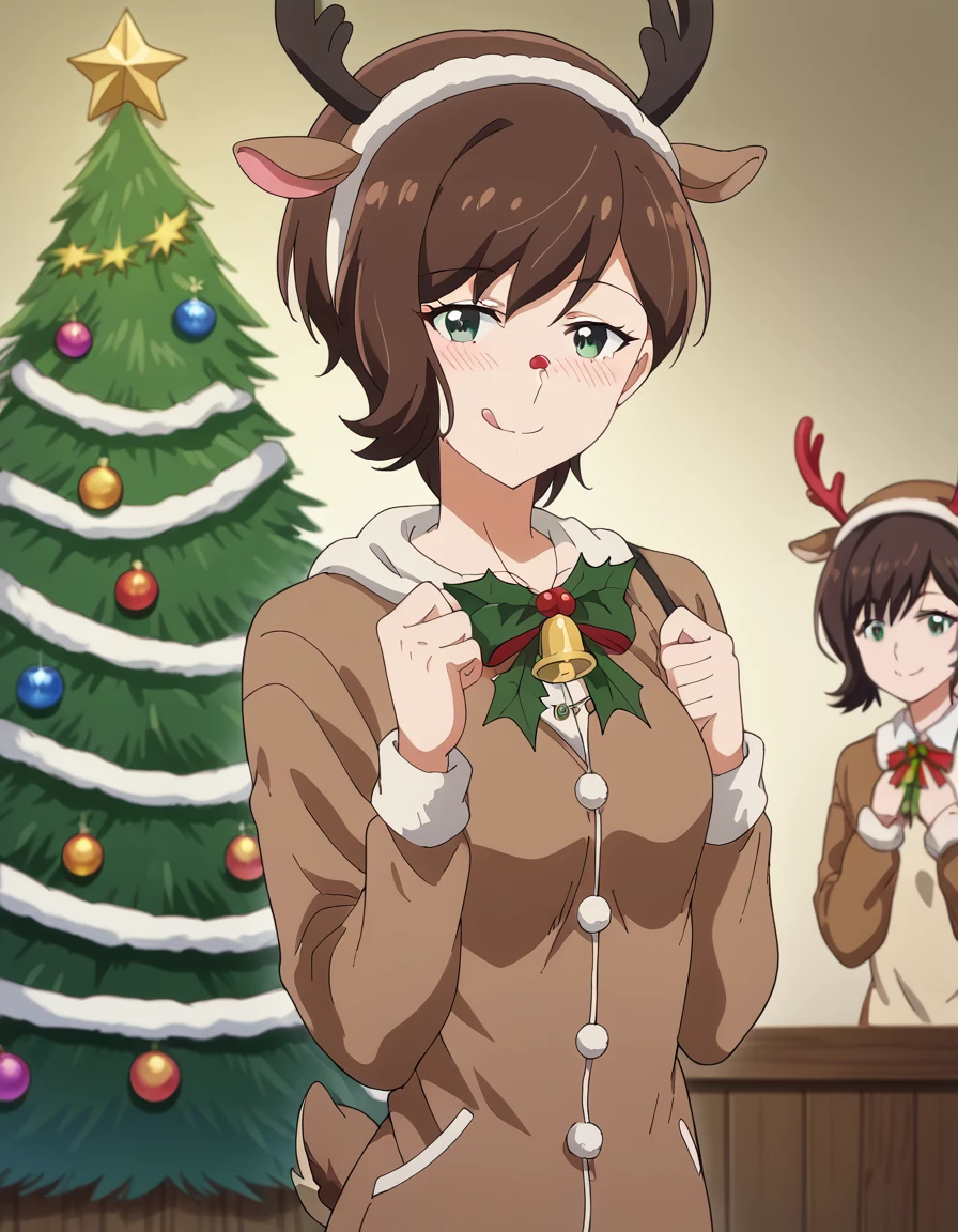 score_9, score_8_up, score_7_up, source_anime, <lora:kekkonsuru-kaori-s1-ponyxl-lora-nochekaiser:1>, kaori, short hair, brown hair, green eyes, medium breasts, anime screencap,, <lora:reindeer-costume-ponyxl-lora-nochekaiser:1>, reindeer costume, animal costume, reindeer antlers, antlers, fake antlers, reindeer hood, christmas, red nose, deer ears, deer tail, christmas tree, bell, horns, reindeer,, blush, smile, tongue out, looking at viewer,, , dutch angle, cowboy shot