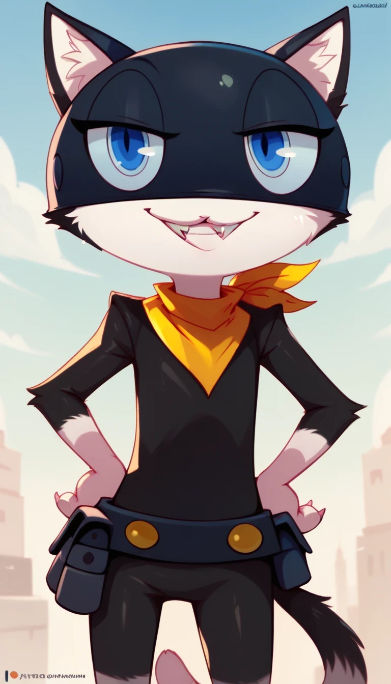 morganasdxl, cat, blue eyes, smile, no humans, grin, pouch, solo, hands on hips, bandana, score_9, score_8