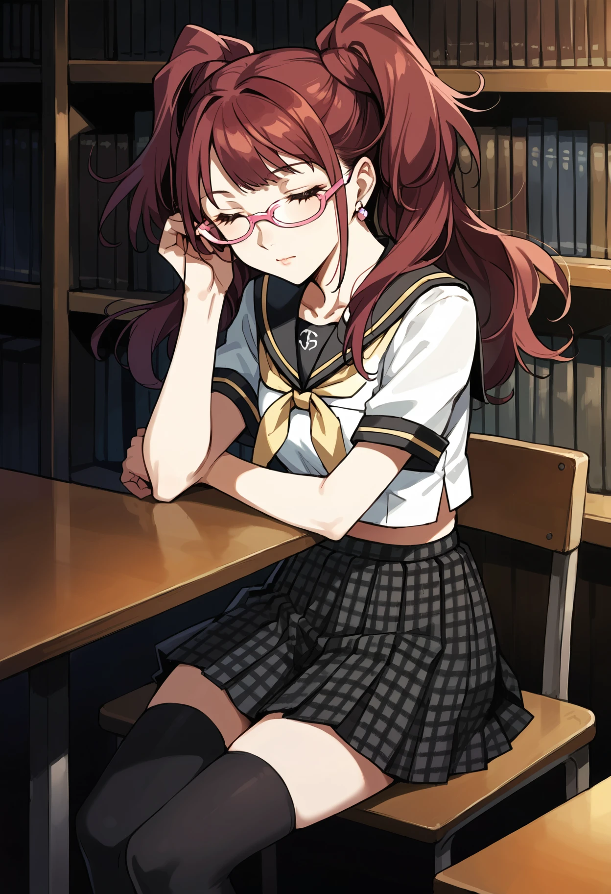 score_9, score_8_up, score_7_up, (source_anime), 1 girl, solo, nsfw, cute face,
p4rise, kujikawa rise, twintails, long hair, red hair, brown eyes, earrings, 
school uniform, serafuku, yasogami school uniform, skirt, houndstooth skirt, thighhighs, black thighhighs, zettai ryouiki, pink-framed eyewear,
library, sleeping, sitting,
masterpiece, best quality, ultra detailed, absurdres, very aesthetic