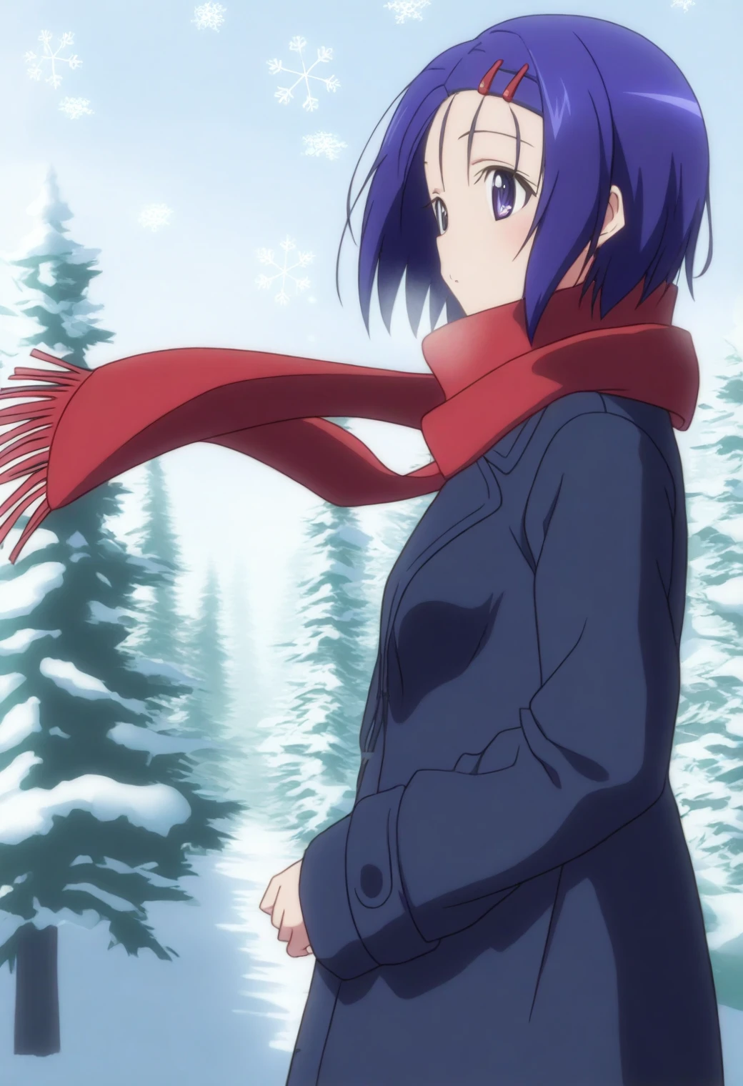 <lora:Haruna Sairenji - [To Love Ru] - illustriousXL v1:1>, sysdeep_haruna, hairpin, short hair, solo, Snowy forest, woolen coat, red scarf, soft snowflakes falling