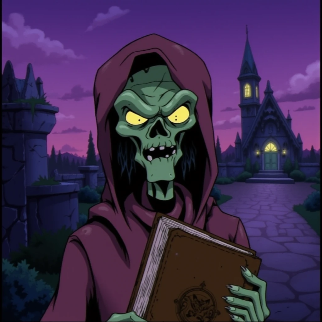 cinematic film still of  <lora:Cryptkeeper style v1:0.8>
Ghoul Mythical creature Cryptkeeper a cartoon of a grimy character holding a book, solo, 1boy, holding, male focus, outdoors, hood, book, colored skin, parody, cloak, colored sclera, holding book, robe, green skin, hooded cloak, yellow sclera, realistic, realistic, realism, photorealism, hyperrealism, hyperrealistic, realistic, sharp, detailed, cinematography style, film light style, movie still, professional photography, artistic, perfection, contrast, cinematic, filmic, high quality photo, 8k quality, colorful, photography style, horror themed, Anthology Black comedy Dark fantasy Horror, tales from the crypt style, yellow eyes, purple sky, shallow depth of field, vignette, highly detailed, high budget, bokeh, cinemascope, moody, epic, gorgeous, film grain, grainy