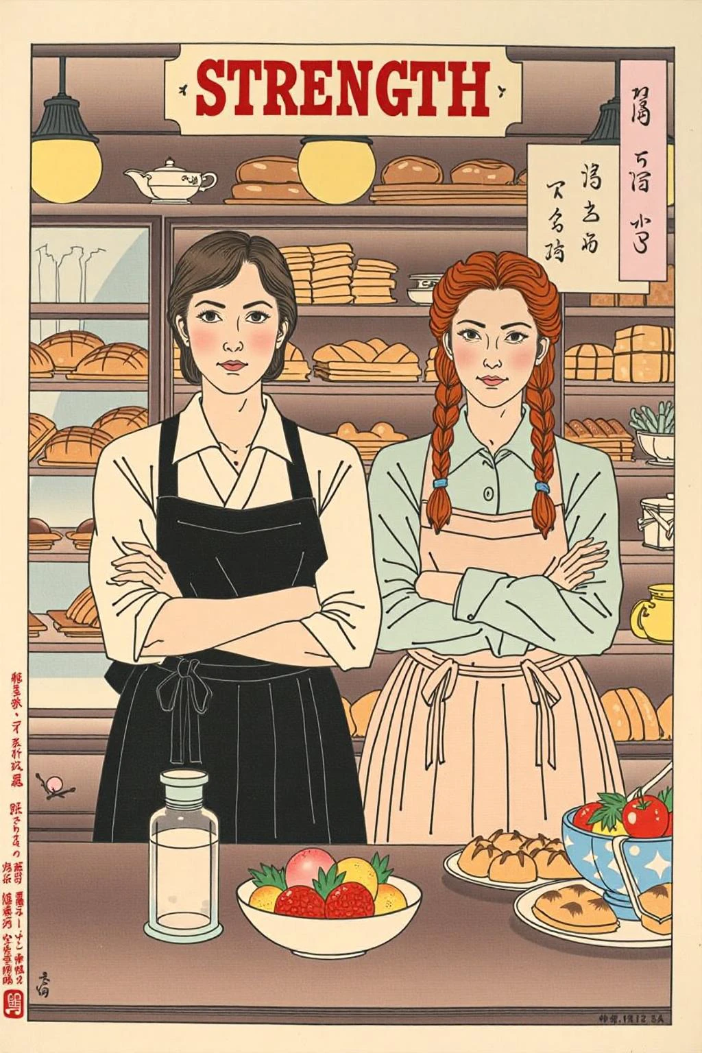 tsukioka1 Japanese woodblock print ukiyo-e. 
Two young women standing behind a bakery counter. Both women have fair skin with rosy cheeks and wear aprons over long-sleeved shirts. The woman on the left has short, brown hair, and she is wearing a dark apron over a white shirt. She has a serious expression and her arms are crossed. The woman on the right has long, auburn hair styled in two braids, and she is wearing a light beige apron over a light green shirt. She has a neutral expression and her arms are also crossed. The background reveals a bustling bakery scene with shelves filled with bread, pastries, and other baked goods. The counter in front of the women is cluttered with various items, including a bowl of fruit, a glass jar, and a plate of pastries. Above the counter, a sign reads "STRENGTH" in bold red letters. The lighting is warm, with soft, yellowish tones emanating from the overhead lamps, casting gentle shadows on the women and the bakery items. The overall atmosphere is one of warmth and industriousness, with a focus on the human subjects and their interactions with the bakery environment. <lora:schnell_v1.0:1.0> <lora:tsukioka_ukyo-e4_nocap_d8a4:1.0><lora:798028438825971235:0>