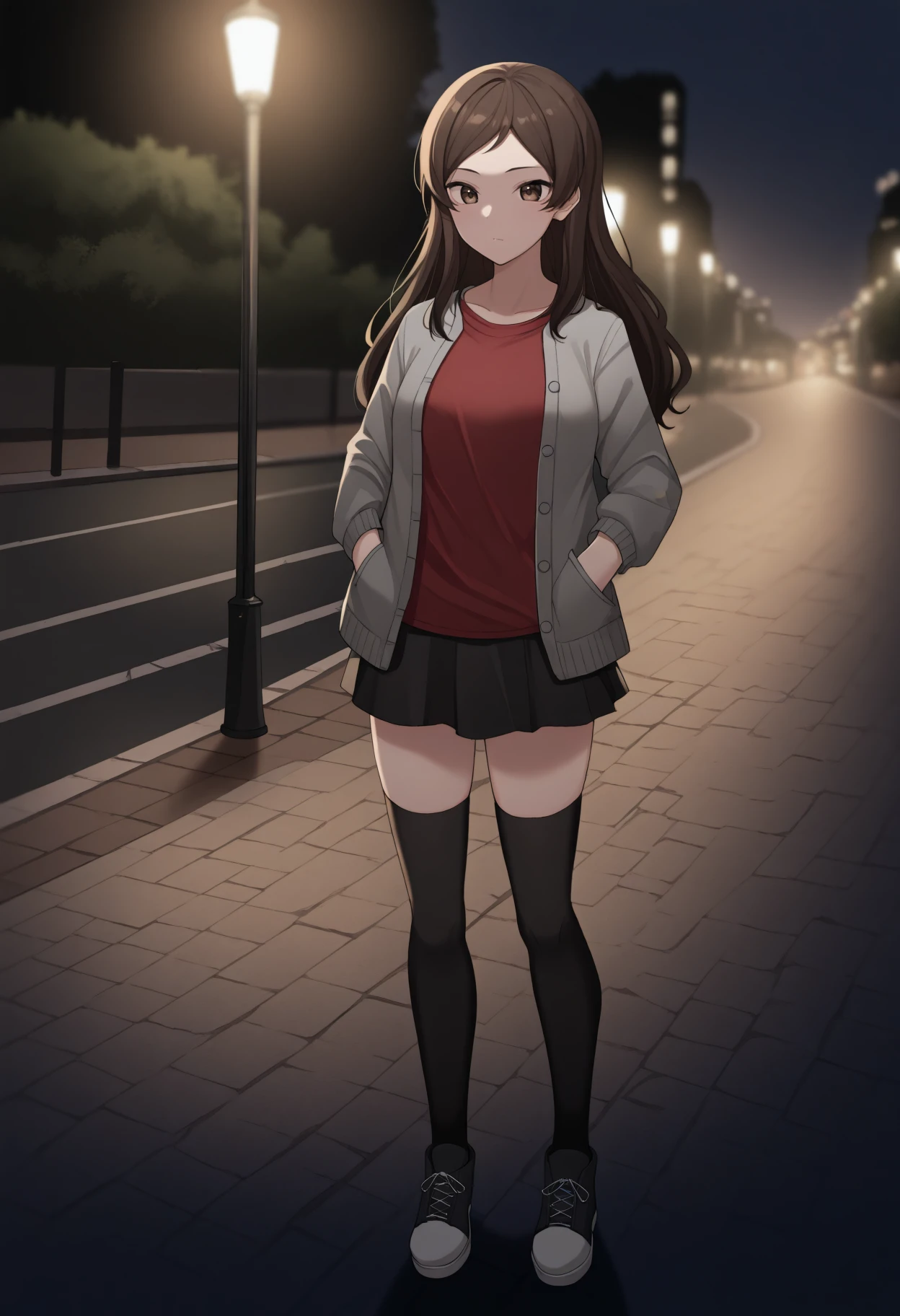 masterpiece, best quality, 1girl, solo, K1tazawaSh1ho, brown eyes, brown hair, long hair, grey cardigan, open cardigan, red shirt, t-shirt, outdoors, night, street, lamppost, hands in pockets, full body, black thighhighs, shoes, skirt, <lora:ChamShihoKitazawaIllustriousXL:1>