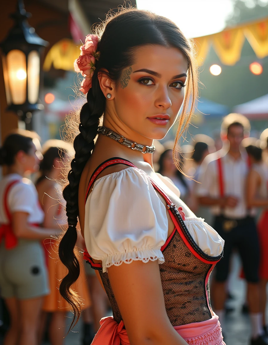 **Prompt:**
A woman stands proudly in front of a traditional Bavarian backdrop, her long braid cascading down her back like a waterfall. She wears a intricately detailed dirndl attire, complete with delicate lace and embroidery, perfectly capturing the essence of Oktoberfest. next to the right eye is a tattoo that looks like a spider web.
The camera captures her from a 45-degree angle, emphasizing her slender neck and shoulders as she gazes directly at the viewer. Soft, warm light from a nearby lantern casts a flattering glow on her skin, accentuating her high cheekbones and full lips.
In the background, the real Oktoberfest festivities unfold: revelers in traditional attire dance and sing around tables laden with steins of beer, while others play lively tunes on accordions and brass instruments. The atmosphere is electric, with vibrant colors and sharp lines that create a sense of depth and dimensionality.
As the camera lingers, it becomes clear that this woman is not just any festival-goer â she's the star of the show. Her dirndl attire is immaculately detailed, from the intricate patterns on her apron to the delicate flowers in her hair. Every stitch, every thread, every detail is meticulously rendered, creating a photorealistic masterpiece.
In a stunning double exposure effect, the woman's image is superimposed over a blurred background of revelers and festivities, creating an otherworldly sense of presence. The result is a truly cinematic scene that transports the viewer to the heart of Oktoberfest.
**Technical Specifications:**
* Resolution: 16k UHD
* Aspect Ratio: 1:1
* Frame Rate: 24fps
* Color Space: Rec. 2020
* Lighting: Soft, warm natural light with subtle highlights and shadows
This image is a true masterpiece, showcasing the artist's skill and attention to detail in capturing the essence of Oktoberfest. With its ultra-sharp lines, intricate details, and photorealistic quality, it's sure to be an award-winning work that leaves a lasting impression on all who see it.