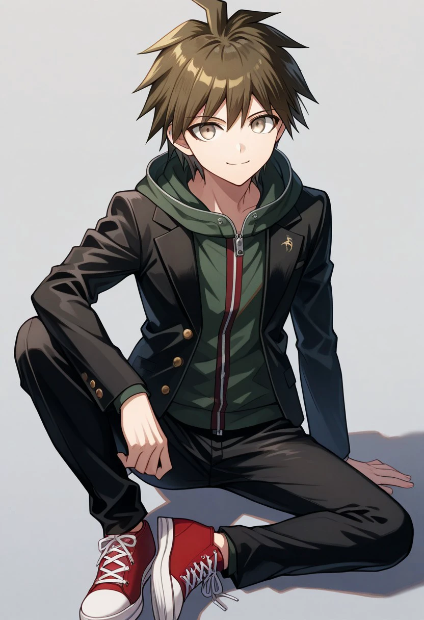 masterpiece, best quality,
naegimakoto, 1boy, male focus, solo, brown eyes, brown hair, short hair, bangs, hahoge, hoodie, hood, green hoodie, zipper, zipper pull tab, jacket, black jacket, long sleeves, open jacket, open clothes, buttons, pants, black pants, shoes, sneakers, red footwear,
indoor, smile