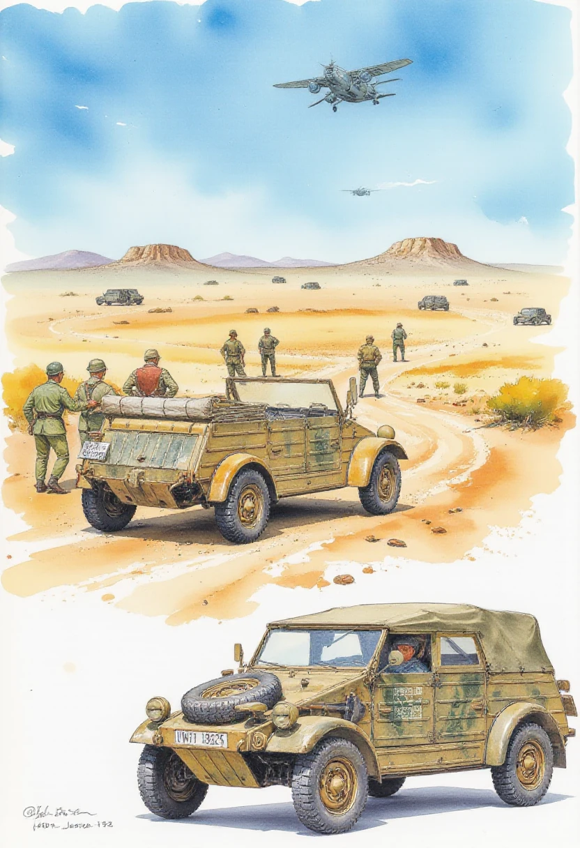 sketches, illustrations, World War II, African front, 1942, car parked on the outskirts of Tunisia, German soldiers,, <lora:kubelwagen_flux:1>,kubelwagen, DAK,africa, <lora:FluxWatercolor:1> Jedwtclr, watercolor art