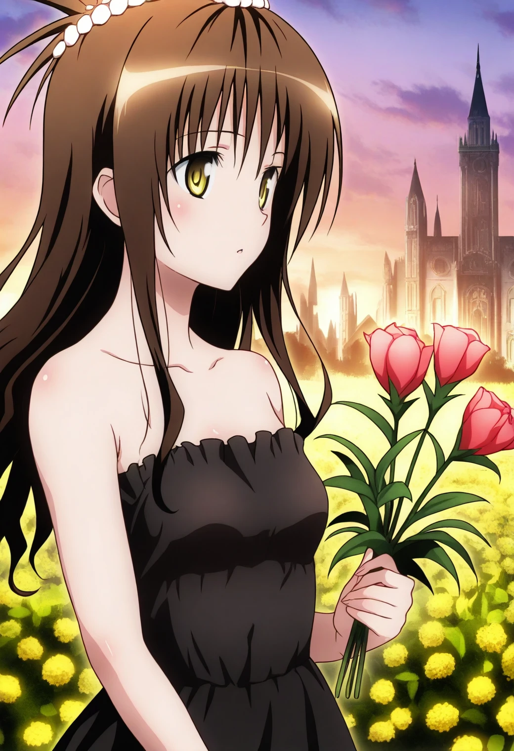 <lora:Mikan Yuuki - [To Love Ru] - illustriousXL v1:1>, sysdeep_mikan, borwn hair, yellow eyes, solo, Garden archway, strapless gown, holding flowers, twilight setting