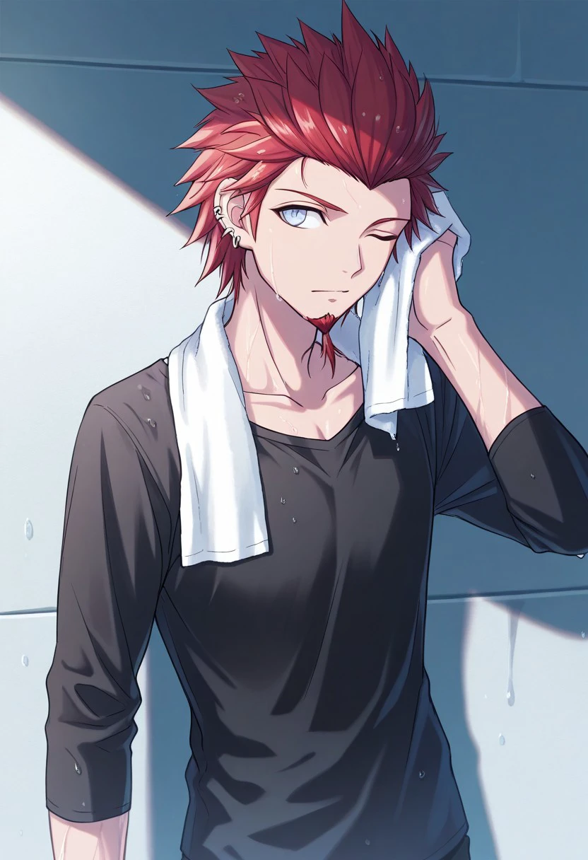 masterpiece, best quality, 
leokuwata, 1boy, male focus, solo, blue eyes, red hair, spiked hair, goatee, facial hair, jewelry, ear piercing, black shirt, long sleeves, towel around neck, wet, one eye closed,
outdoor,