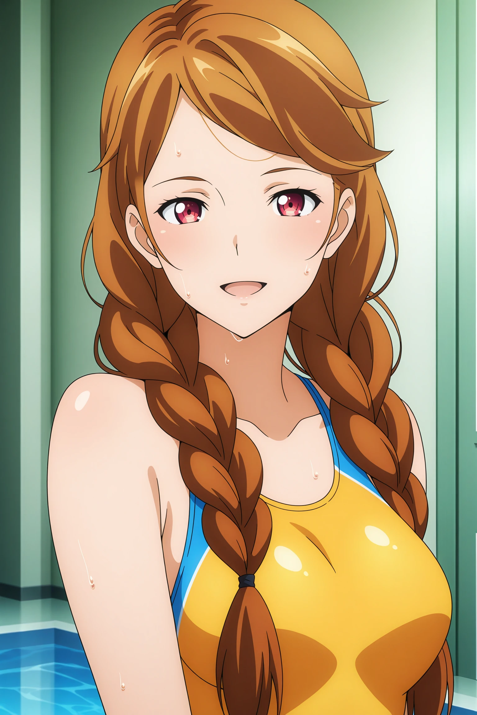 masterpiece, best quality, amazing quality, highres, absurdres, very aesthetic, high resolution, ultra detailed, perfect details, 1girl, solo, indoors, pool, medium breasts, hazuki ferrari, long hair, brown hair, twin braids, parted bangs, red eyes, (yellow swimsuit:1.5), competition swimsuit, <lora:Hazuki_Ferrari_ILXL:0.8>, (aged up:1.2), (upper body:1.5), anime coloring, anime screencap, looking at viewer, smile, open mouth, wet, sweat, (pose:1.3)