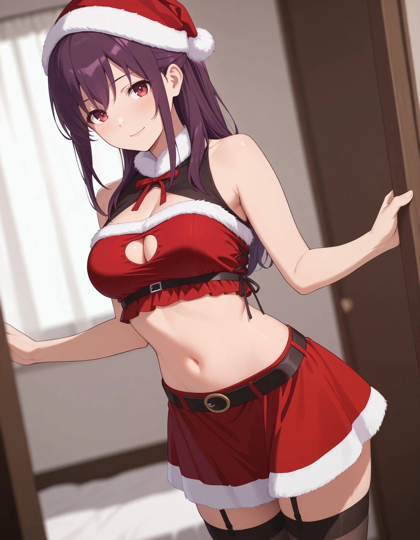 masterpiece,,1girl, light smile,  Akane <lora:IL-Akane:0.7>,long hair,sleeveless,red eyes,ponytail,sidelocks,purple hair,half updo,adult,<lora:sexy santa_illustrious_V1.0:0.7> sexy santa, navel, midriff, santa hat, thighhighs, skirt, cleavage cutout
,cowboy shot, looking at viewer, depth of field,