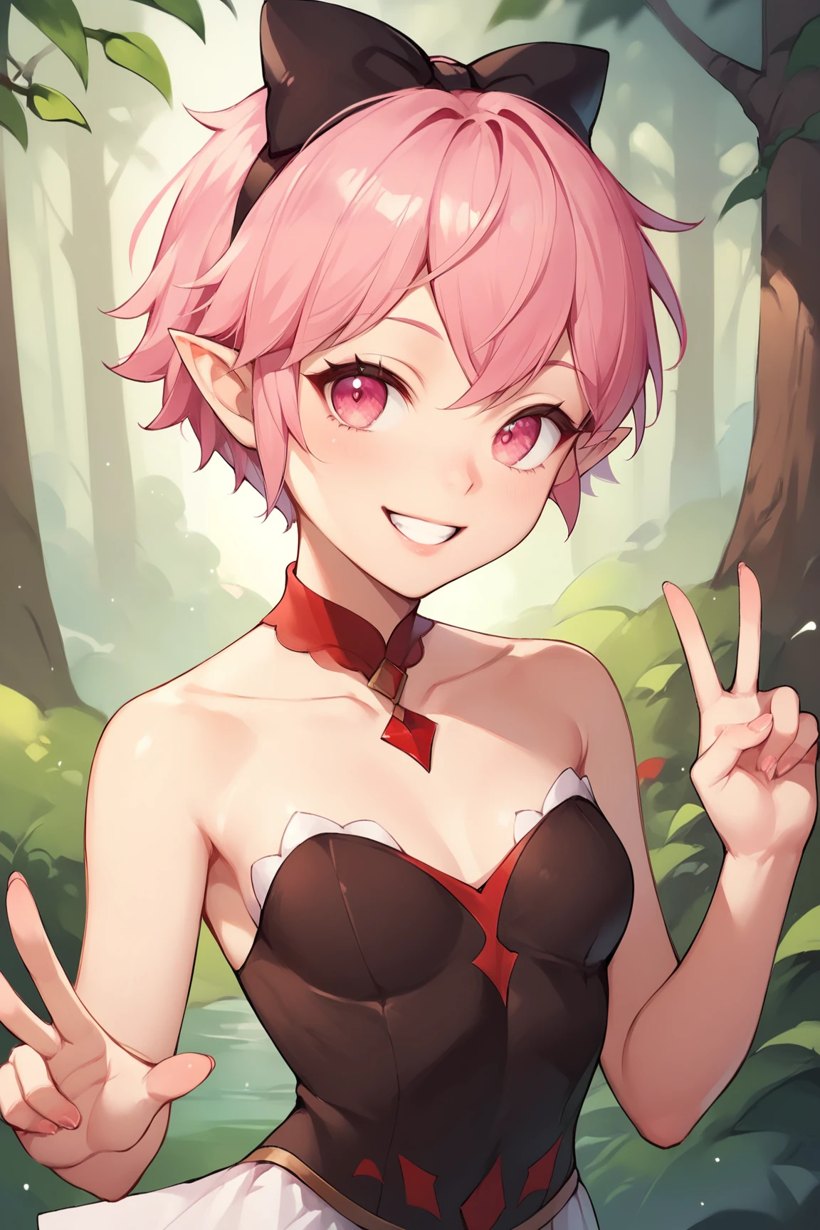 score_9, score_8_up, score_7_up, score_6_up, BREAK, NinaICPXL, pink eyes, pink hair, short hair, hair bow, black bow, pointy ears, small breasts, bare shoulders, red shocker, black dress, white skirt, solo, front view, (portrait, upper body), peace sign, seductive smile, looking at viewer, forest <lora:NinaICPXL:0.8>