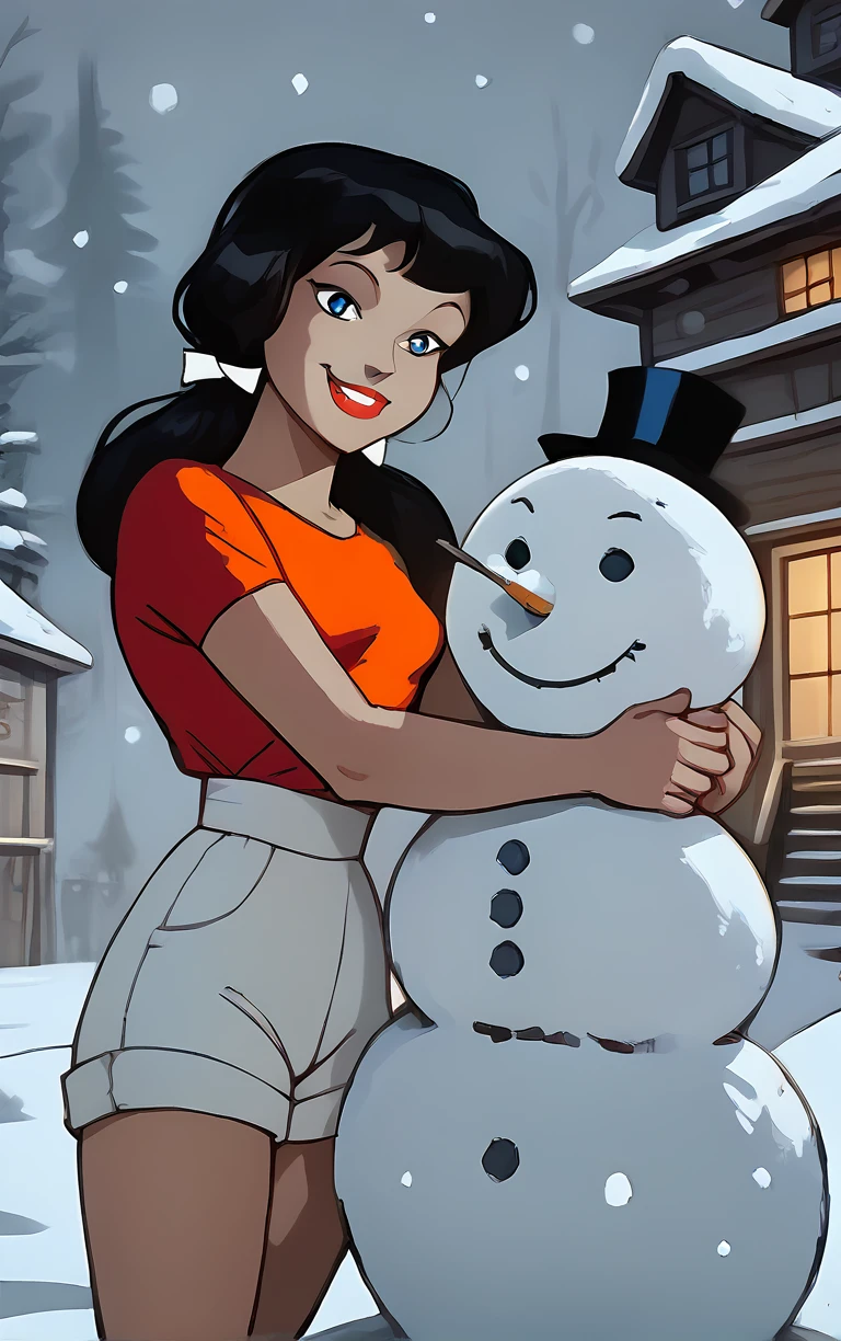 1girl, zanbtas, blue eyes, black hair, red shirt, hair ribbon, white shorts, makeup, red lips smile, sn0wm4n, snowman, top hat, winter village scene, snowing, <lora:Zatanna_-_Batman_Animated_v1:1.0>, <lora:build_a_snowman_concept_v1:1.0>, score_9, score_8_up, score_7_up, score_6_up, score_5_up, score_4_up,