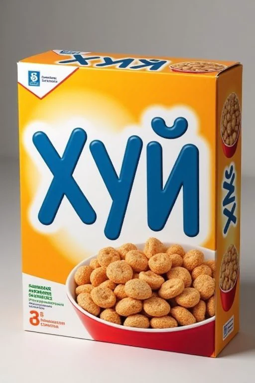 Big text "XYü" on a cereal box.