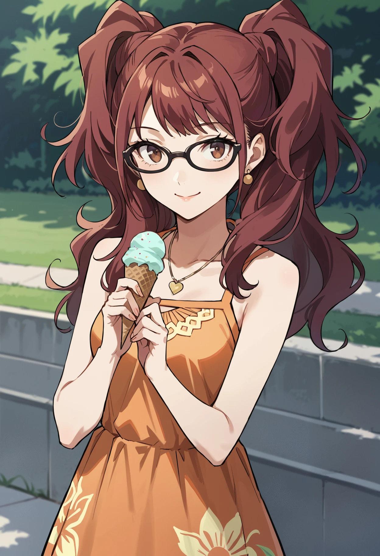 score_9, score_8_up, score_7_up, (source_anime), 1 girl, solo, nsfw, cute face,
p4rise, kujikawa rise, twintails, long hair, red hair, brown eyes, earrings, 
p4risesummer, kujikawa rise, dress, orange dress, capri pants, casual, glasses, 
ice cream cone, smile,
park, pavillion,
masterpiece, best quality, ultra detailed, absurdres, very aesthetic