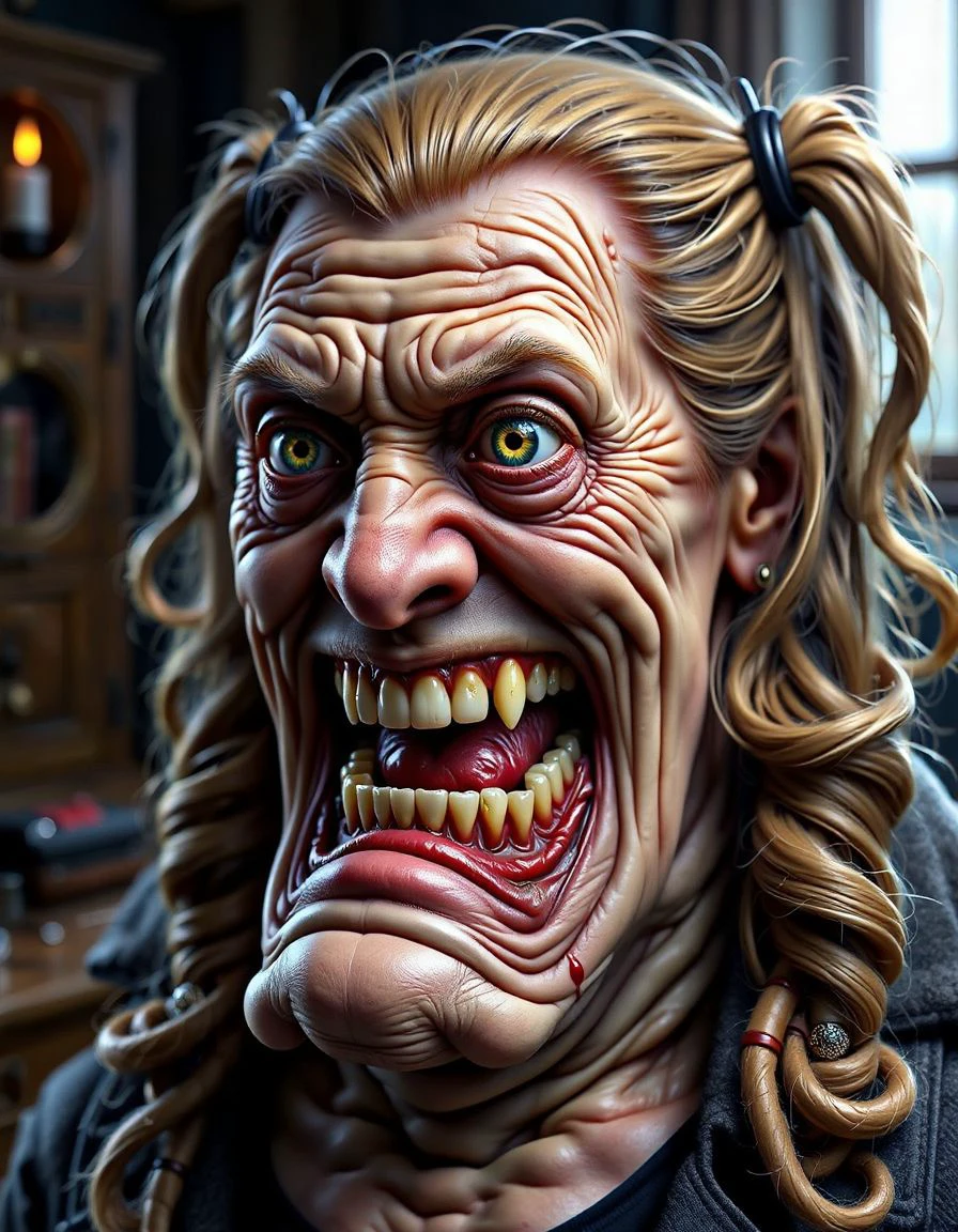 doudou,Hyperrealistic 3D render of an exaggerated caricature, grotesque voluptuous pigtails blonde woman , deep wrinkles etching her face, oversized mouth revealing decaying yellow teeth, grimy skin texture, dramatic shadows, cinematic lighting, unsettling atmosphere, highly detailed.<lora:doudouille:1>