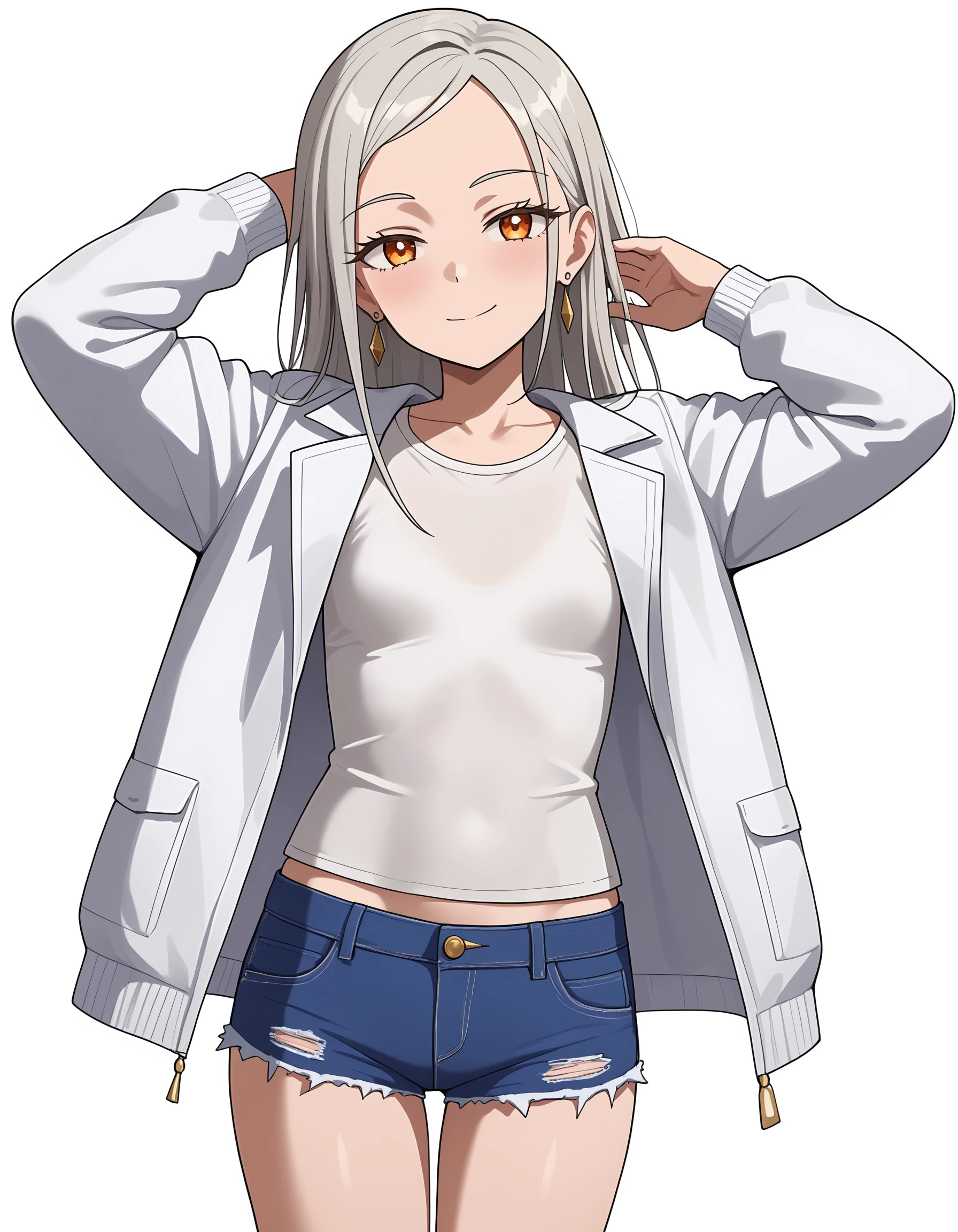 (masterpiece), best quality, expressive eyes, perfect face, hiro_s, looking at viewer, silver earrings, white jacket, white shirt, denim, micro shorts, arm at side, round earrings, small breasts, <lora:61113052-b5d7-4ed1-8ece-4411d6ebeb2d:0.7>