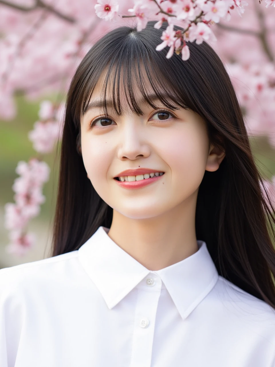 The image is a portrait of a young Asian woman named kuboshi with long dark hair and bangs. She is wearing a white collared shirt and is standing in front of a blurred background of cherry blossom trees. The woman is looking directly at the camera with a slight smile on her lips. The lighting is soft and natural, highlighting her features. The overall mood of the image is peaceful and serene. Time is the morning, the natural sunshine. Cherry blossoms sway in the wind, blocking the camera.  