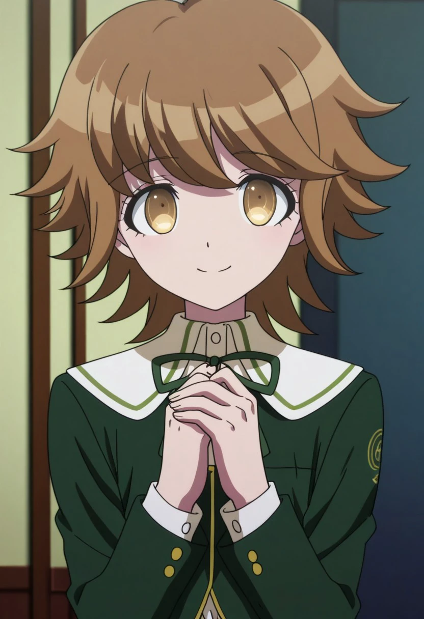 masterpiece, best quality, anime screencap, anime coloring
chihiro, 1boy, male focus, solo, brown eyes, brown hair, bangs, crossdressing, shirt, white shirt, collared shirt, ribbon, neck ribbon, jacket, green jacket, long sleeves, own hands together, smile,
indoor