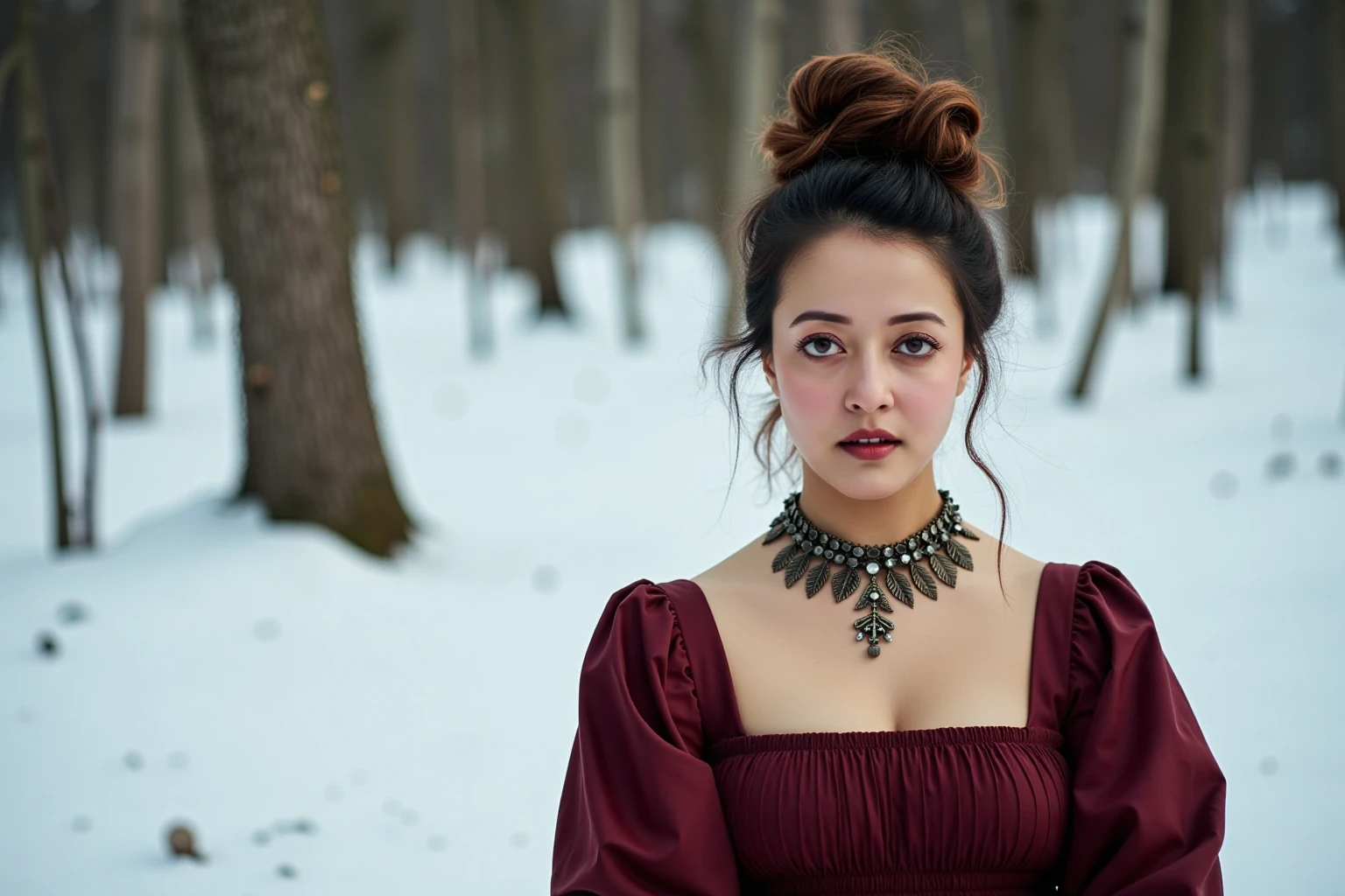 raimasenukohwx with wavy hair in a  high, loose bun, wearing a deep maroon, flowing,  pleated, sleeveless dress.  The dress features a square neckline and subtle gathering at the bust. She wears a substantial metallic-toned, leaf-shaped necklace with intricate details.   she has  eyes showcasing subtle, natural makeup that enhances her features. She has a serious, yet solemn expression, presenting a composed, poised demeanor.  Natural lighting casts subtle shadows on her face and the dress's folds. The background is out-of-focus, featuring a snowy landscape with scattered, unfocused trees and snow on the ground.  The perspective is eye-level and directly facing the subject.  The overall mood is serene and contemplative, with a touch of a fairytale or vintage artistic style. Soft, diffused daylight illuminates the scene with a cold,  even quality, creating a soft, wintery atmosphere. The focus is on the girl and her expression, with a gentle, soft focus on the fabric of the clothes.  The composition is centered, drawing attention to the delicate features of the girl while the backdrop provides an understated, yet beautiful, winter-themed scenery.
