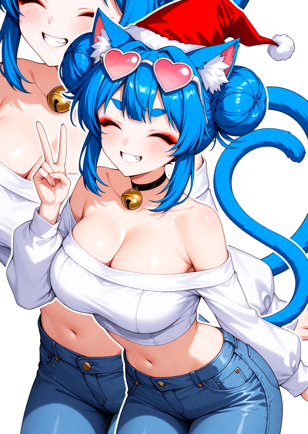 (<break> zoom layer:1.2)
1girl, breasts, solo, eyewear on head, pants, tail, blue hair, cleavage, closed eyes, animal ears, smile, bell, v, off-shoulder shirt, cat ears, teeth, crop top, double bun, choker, large breasts, cat tail, hair bun, shirt, off shoulder, heart sunglasses, neck bell, long sleeves, white shirt, cat girl, denim, fang, bare shoulders, blue pants, black choker, navel, jeans, heart, midriff, grin, thick eyebrows, animal ear fluff, eyeshadow, borrowed character, cowboy shot, santa hat, bell, capelet
BREAK
\\ Made with ONE FOR ALL checkpoint by Chaos Experience @ https://civitai.com/user/ChaosExperience/ \\