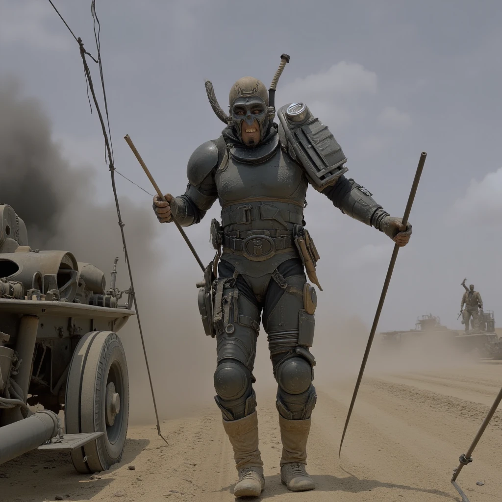 cinematic film still of  <lora:dystopian style Mad Max v1:0.8>
In a dystopian world - The collapse of society a man in a costume holding a spear and a stick, 1boy, holding, standing, weapon, boots, multiple boys, armor, gun, mask, helmet, smoke, gas mask, action movie themed, sharp, detailed, epic cinematic photography, artistic, dramatic light, cinematic color style, Kodak film style, Mad Max Fury Road style, solo focus, holding weapon, science fiction, cable, power armor, tube, shallow depth of field, vignette, highly detailed, high budget, bokeh, cinemascope, moody, epic, gorgeous, film grain, grainy