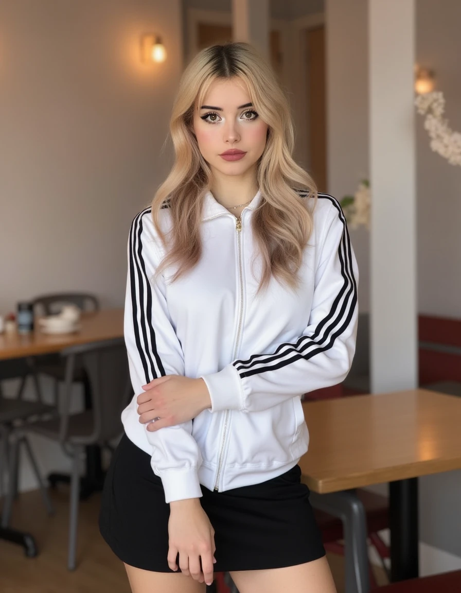 <lora:Lauren_Burch_Flux:1>  The image is a high-resolution photograph of a young woman standing in a cafe. She has long, wavy blonde hair with darker roots, styled in loose curls cascading over her shoulders. Her skin is fair, and she has a slender physique with a petite build. She wears a white zip-up jacket with black stripes on the sleeves and a black mini skirt . Her makeup is striking, with bold, dark eyeliner and mascara accentuating her large, expressive eyes, and a dark pink lipstick that contrasts with her fair skin.