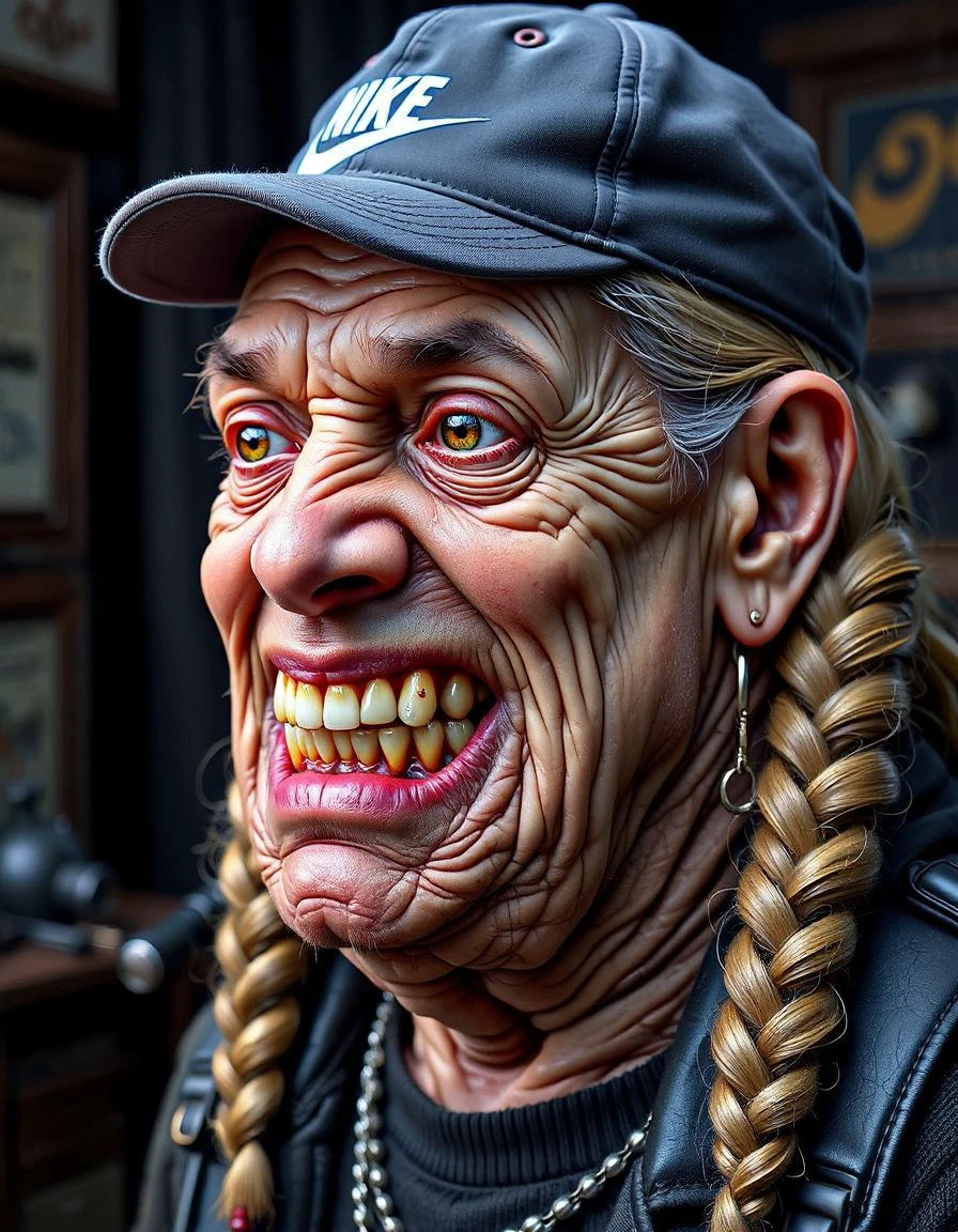 doudou,Hyperrealistic 3D render of an exaggerated caricature, grotesque voluptuous blonde braids woman in worn Nike cap, deep wrinkles etching her face, oversized mouth revealing decaying yellow teeth, grimy skin texture, dramatic shadows, cinematic lighting, unsettling atmosphere, highly detailed.<lora:doudouille:1>