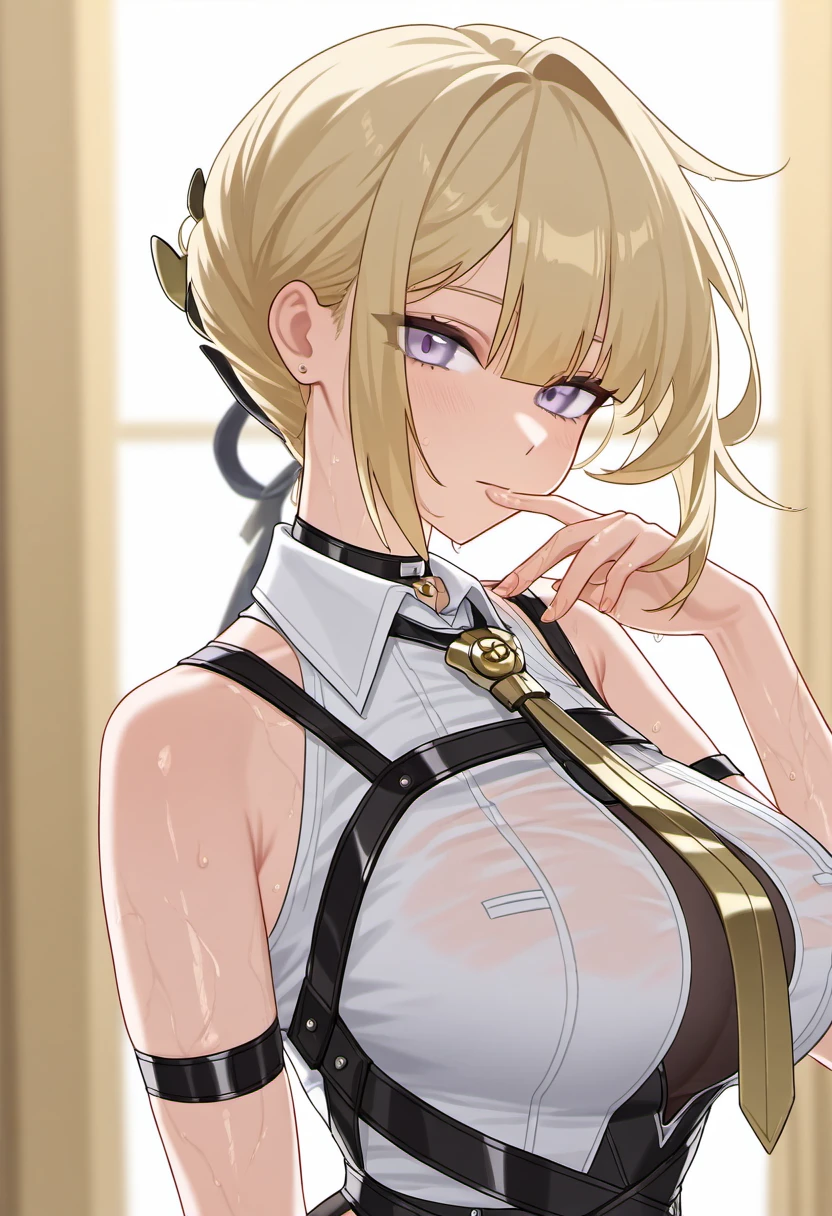 1girl, solo, evelyn chevalier, purple eyes, blonde hair, short hair, 
collared shirt, white shirt, bare shoulders, yellow jewelry, necktie, high-waist pants, arm strap, chest harness, thigh strap,
expressionless, looking_at_viewer, hand_to_mouth, luxurious_bedroom, arched_back, shadow_play, bare_shoulders, delicate_pose, dim_lighting, hair_in_face, blurry_background, subtle_smile, side-lighting, slender_body, soft_blush, intense_gaze, close-up, moody_background, suggestive
, wet skin, oily skin, sweat, masterpiece, absurdes, <lora:Character_Evelyn Chevalier:1>