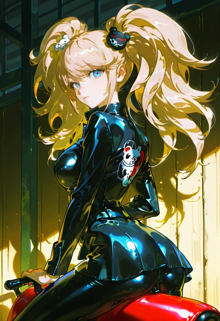 latex riding jacket,shiny clothes,1girl,solo,looking at viewer,konya_karasue,enoshima_junko,barn,