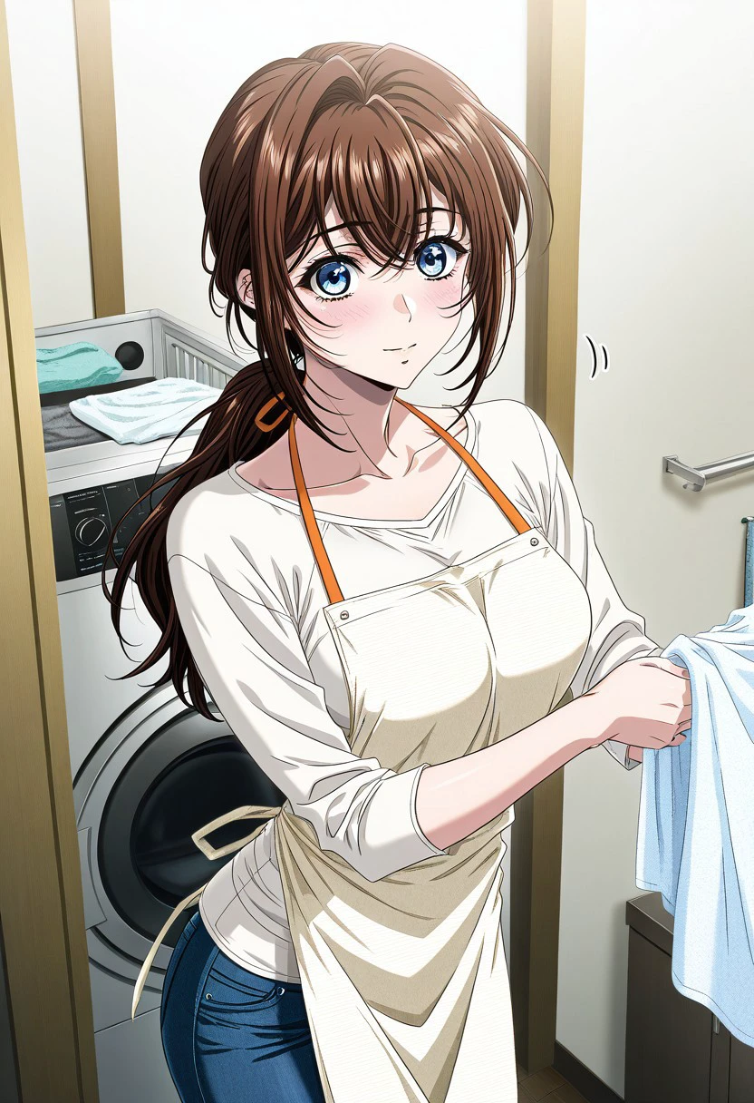 masterpiece, best quality, newest, highres, uncensored, 1girl, yokota mamoru style,1girl, slender face，motion lines,blush
Asai Sayaka,Brown Hair, Ponytail,Blue Eyes,Medium Breasts, Slim,long hair
1girl,solo
home,laundry，wash clothes，washing machine,Apron, Jeans, Shirt