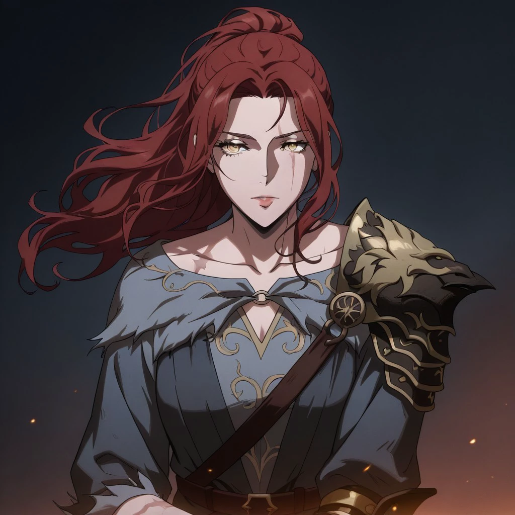 masterpiece, best quality, newest, absurdres, highres, anime, anime style, CastleVaniaStyle-IL.V1.0 1girl, millicent \(elden ring\), yellow eyes, red hair, long hair, ponytail, scar, prosthetic arm, single mechanical arm