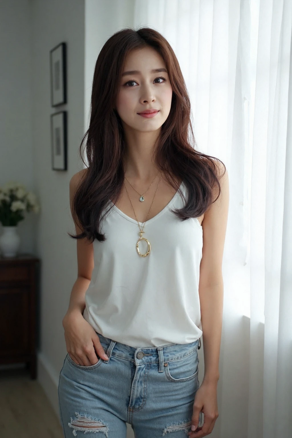 bright photo of beautiful korean girl wearing tank top and lowcut jeans inside new york style apartment, necklace, dslr, studio lighting, high quality,light reflections,pale skin, detailed skin, <lora:flux_realism_lora:1>, <lora:makinaflux_kimtaehee_v1.0:1>