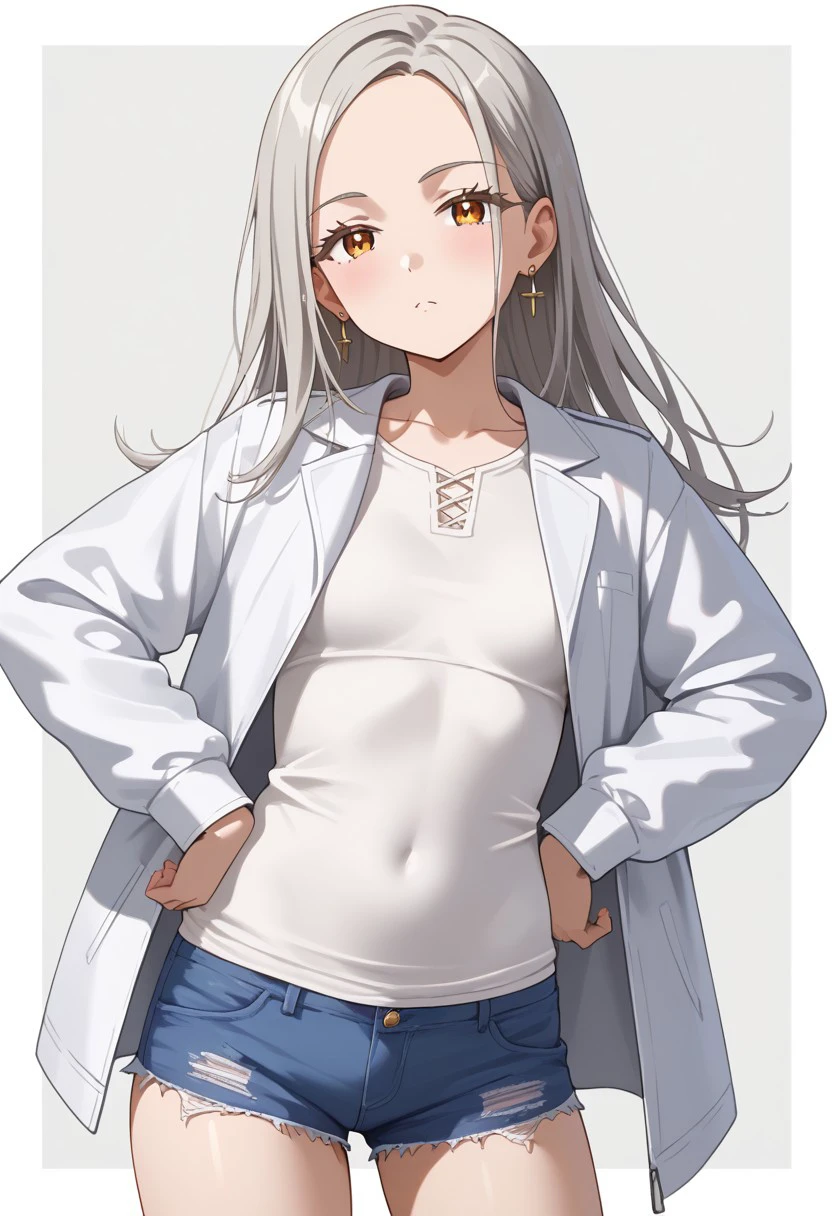 score 9, score 8 up, (masterpiece), best quality, expressive eyes, perfect face, hiro_s, looking at viewer, silver earrings, white jacket, white shirt, denim, micro shorts, arm at side, round earrings, small breasts