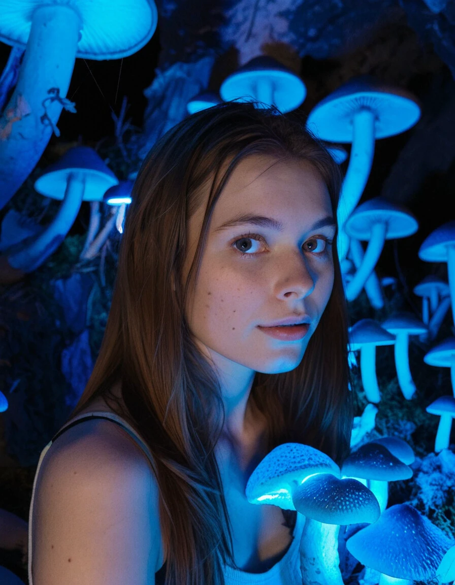 candid photo, amateur photo, (portrait:1.2) of a young woman amidst glowing mushrooms, looking at camera, intrigued facial expression, mystical cave, fluorescent mushrooms, blue glow, lush moss on cavern walls, shallow depth-of-field, creative lighting, selective focus